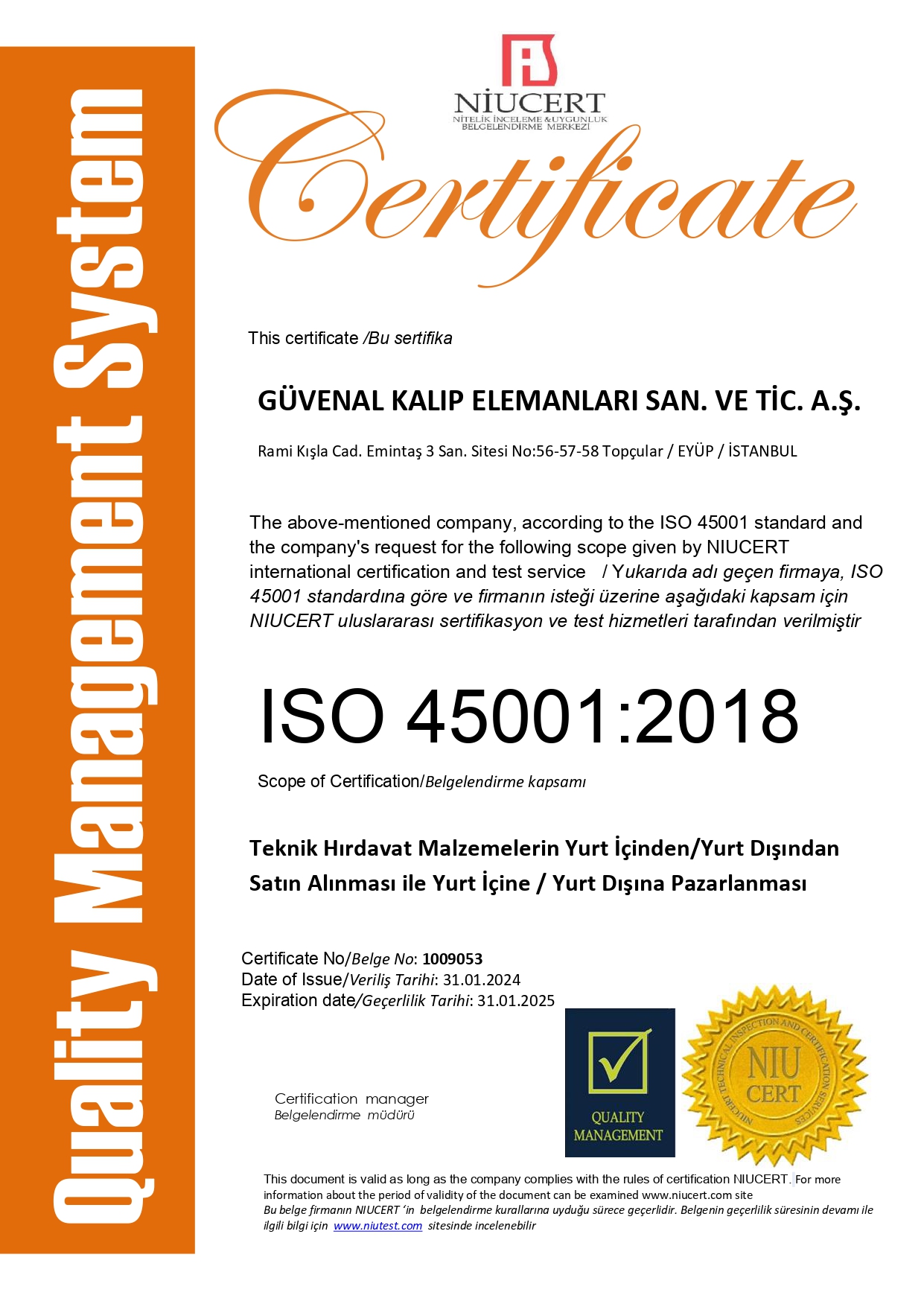 ISO ۴۵۰۰۱۲۰۱۸ Sertifikası